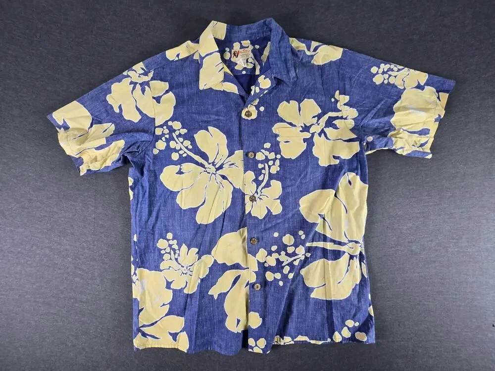 Vintage Reyn Spooner Shirt Mens Large Blue Hawaiian Button Up Cotton Aloha